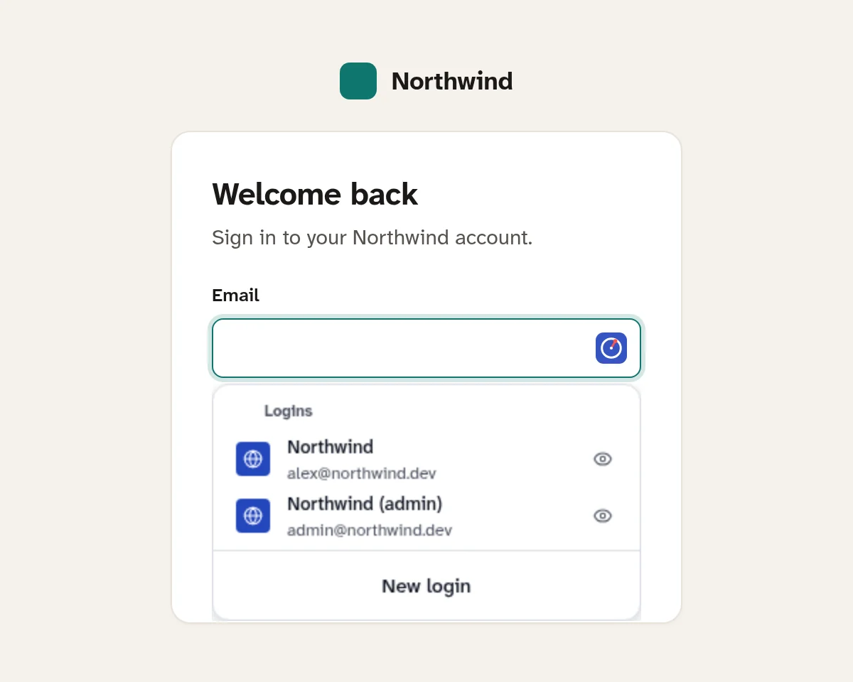 A sign-in page: focusing Email opens the inline menu, and choosing the Northwind login fills the email and password