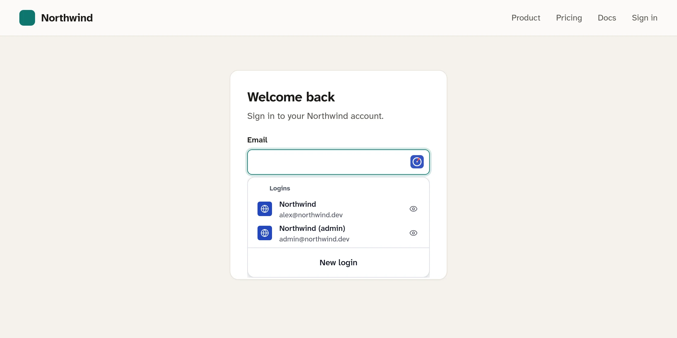A Northwind sign-in page: the Email field is focused and the inline menu beside it offers the Northwind and Northwind (admin) logins