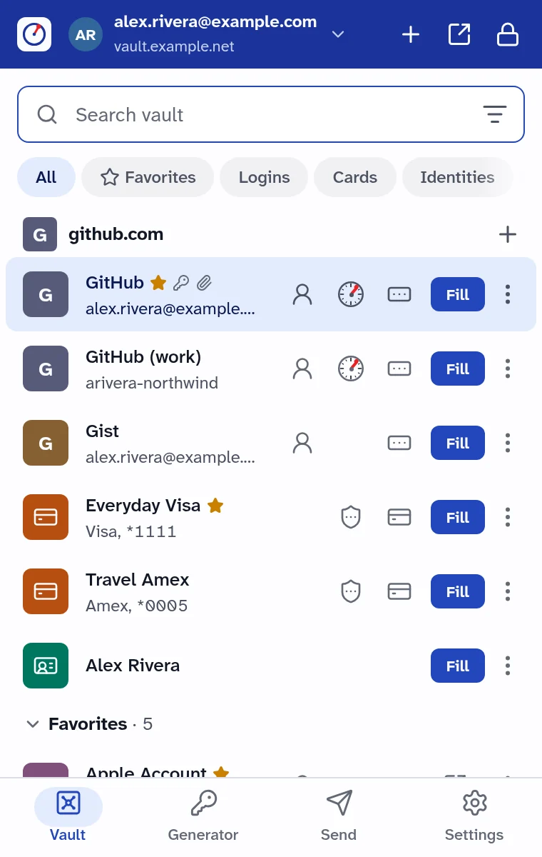 The popup open from the toolbar: the vault, with GitHub logins, cards and an identity, each with a Fill button