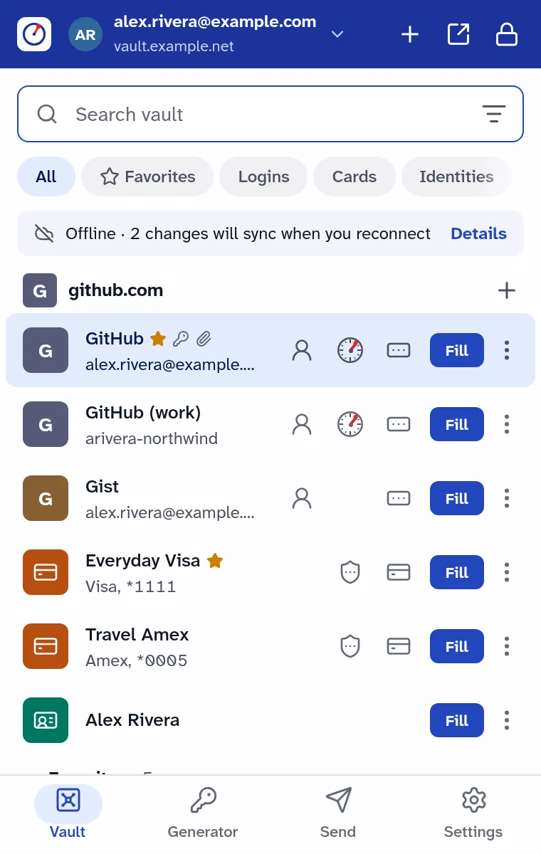 The vault while offline: two changes will sync when you reconnect