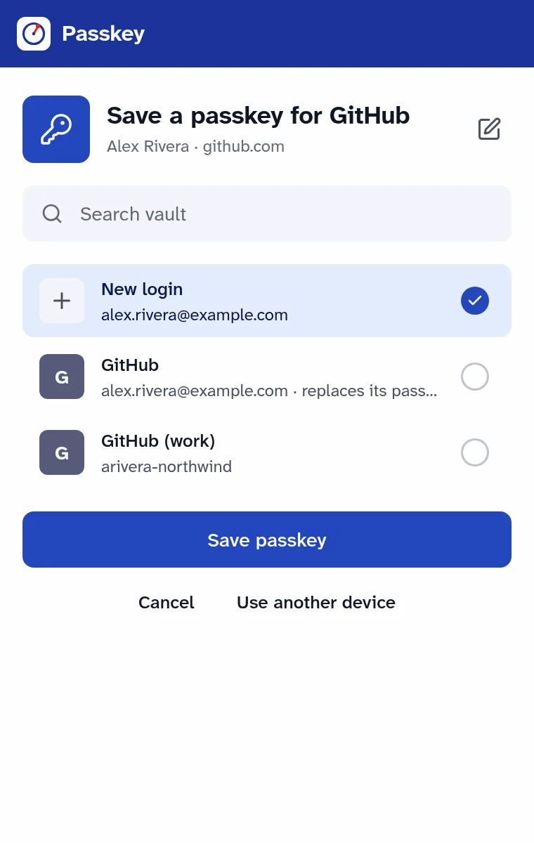 Save a passkey for GitHub, as a new login or into an existing one
